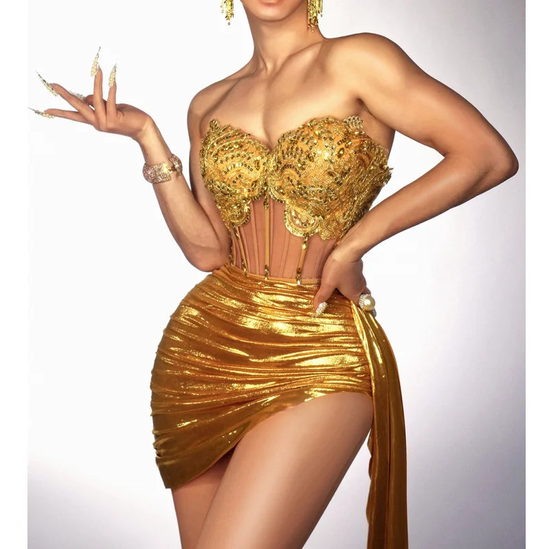 Golden Sparkling Diamonds Sexy See Through STrapless Top And Mini Skirt 2 Pieces Woman Set Party Vestido Performances Costume